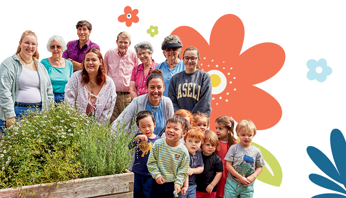 Learners of all ages work together at Lasell University's intergenerational garden