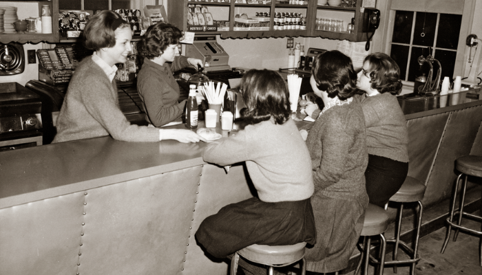 1950s Lasell students at the Snack Bar at the Barn