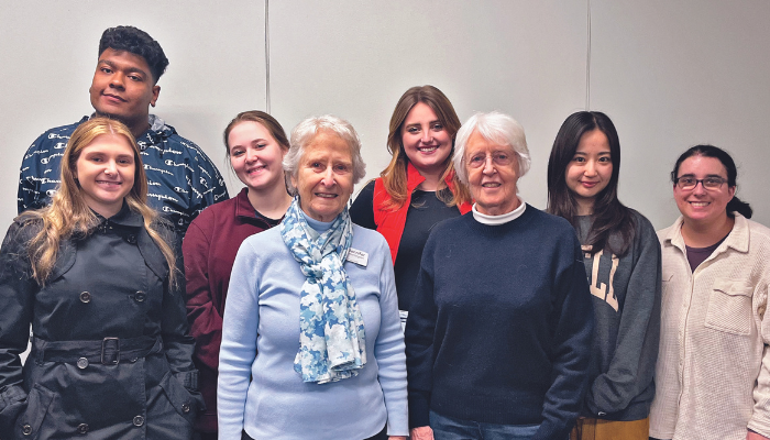 Lasell Village residents Jennifer Huntington and Caroline Schastny with Lasell Student Government Association members