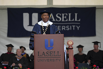 President Eric Turner addresses Lasell 2024 graduates