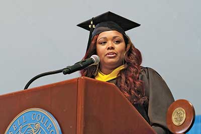 Graduate Student Speaker Alexis Smith addresses colleagues at Lasell College Commencement in 2019