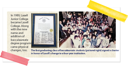 In 1989, Lasell Junior College became Lasell College. Along with the new name and addition of baccalaureate degree programs came physical changes, too. Pictured: The first graduating class of baccalaureate students and the charter they signed in honor of Lasell's change to a four-year institution. 