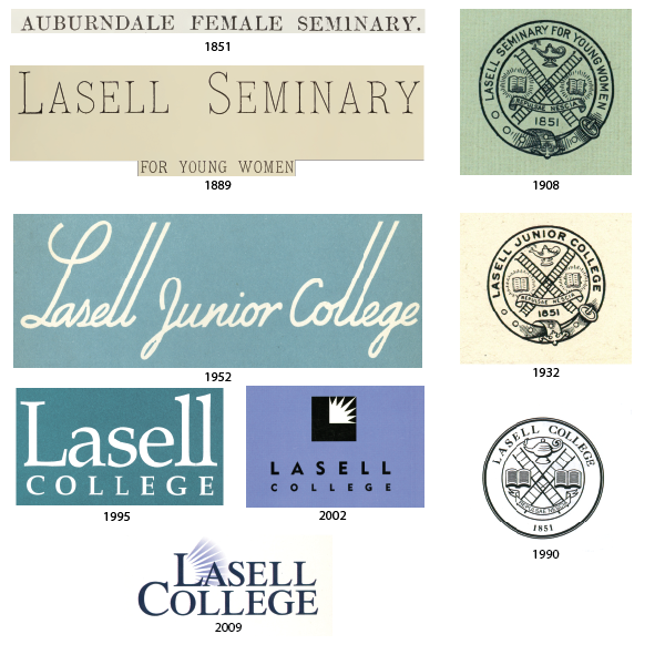 Logos and Seals from Lasell throughout the years: L to R: Auburndale Female Seminary (1851), Lasell Seminary Seal (1908), Lasell Seminary for Young Women (1889), Lasell Junior College (1952), Lasell Junior College Seal (1932), Lasell College logos from 1992, 2002, and 2009, Lasell College seal from 1990