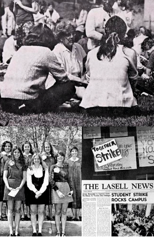 A collage of photos from the 1970 student strike at Lasell, supplied by the Winslow Archives