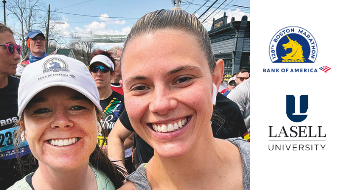 Meg Flaherty and JoAnna Bishop Baker '12 G'14 run the Boston Marathon