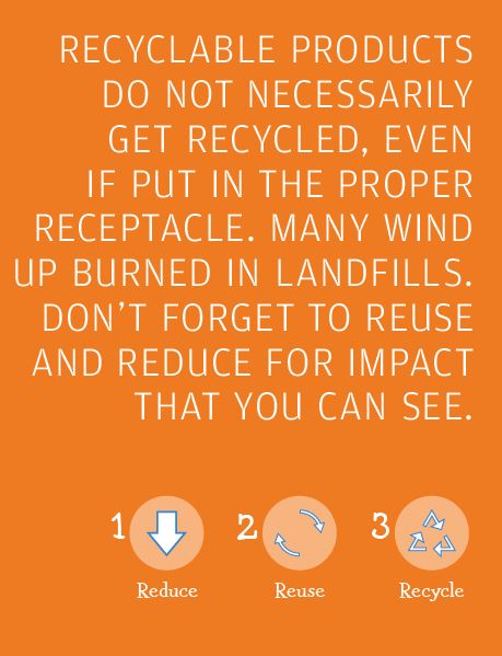 RECYCLABLE PRODUCTS DO NOT NECESSARILY  GET RECYCLED, EVEN  IF PUT IN THE PROPER RECEPTACLE. MANY WIND UP BURNED IN LANDFILLS. DON’T FORGET TO REUSE AND REDUCE FOR IMPACT THAT YOU CAN SEE.