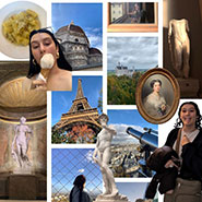 Female college student in collage on photos from Paris